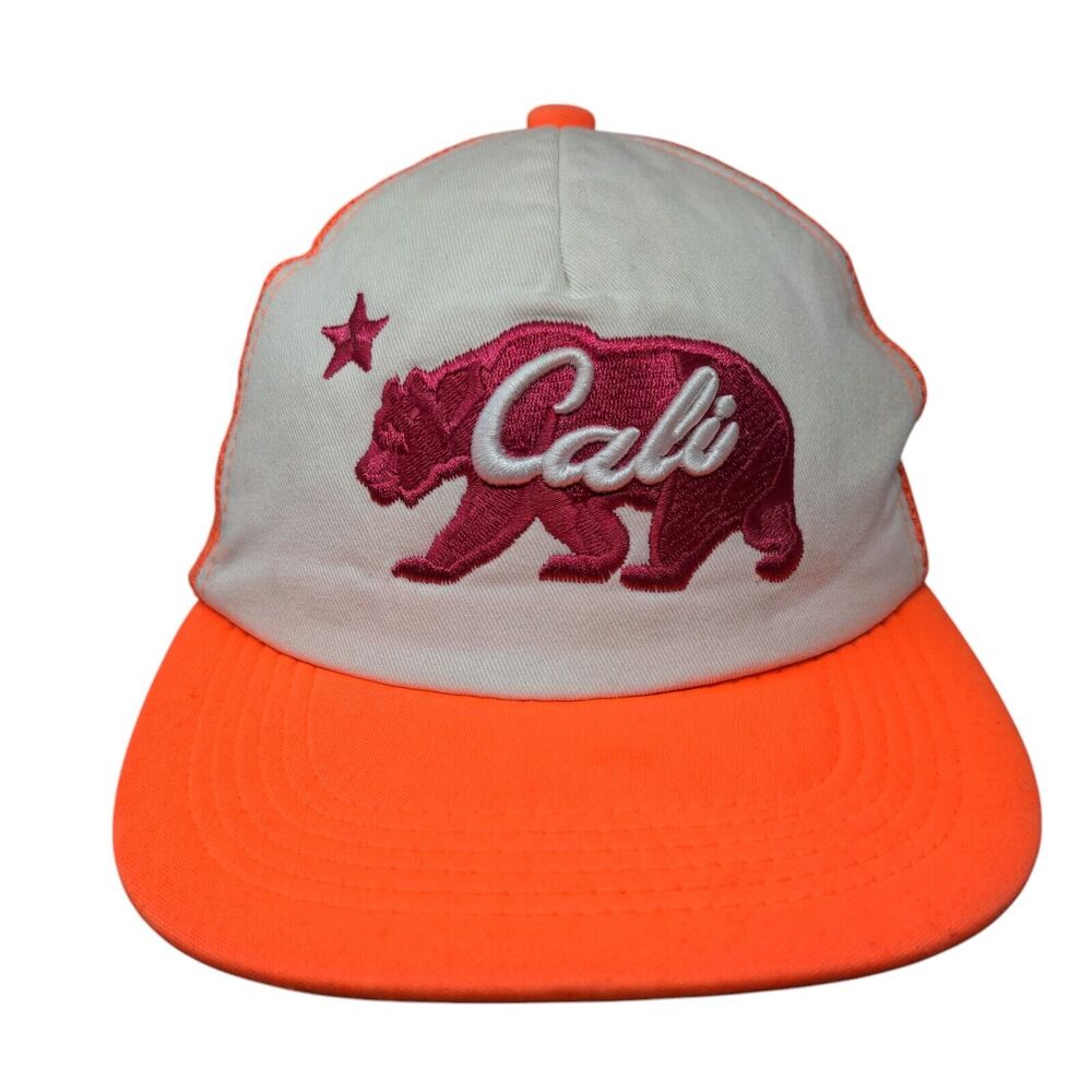 Cali Bear Snapback Mesh Back Trucker Hat Orange One Size Embroidered